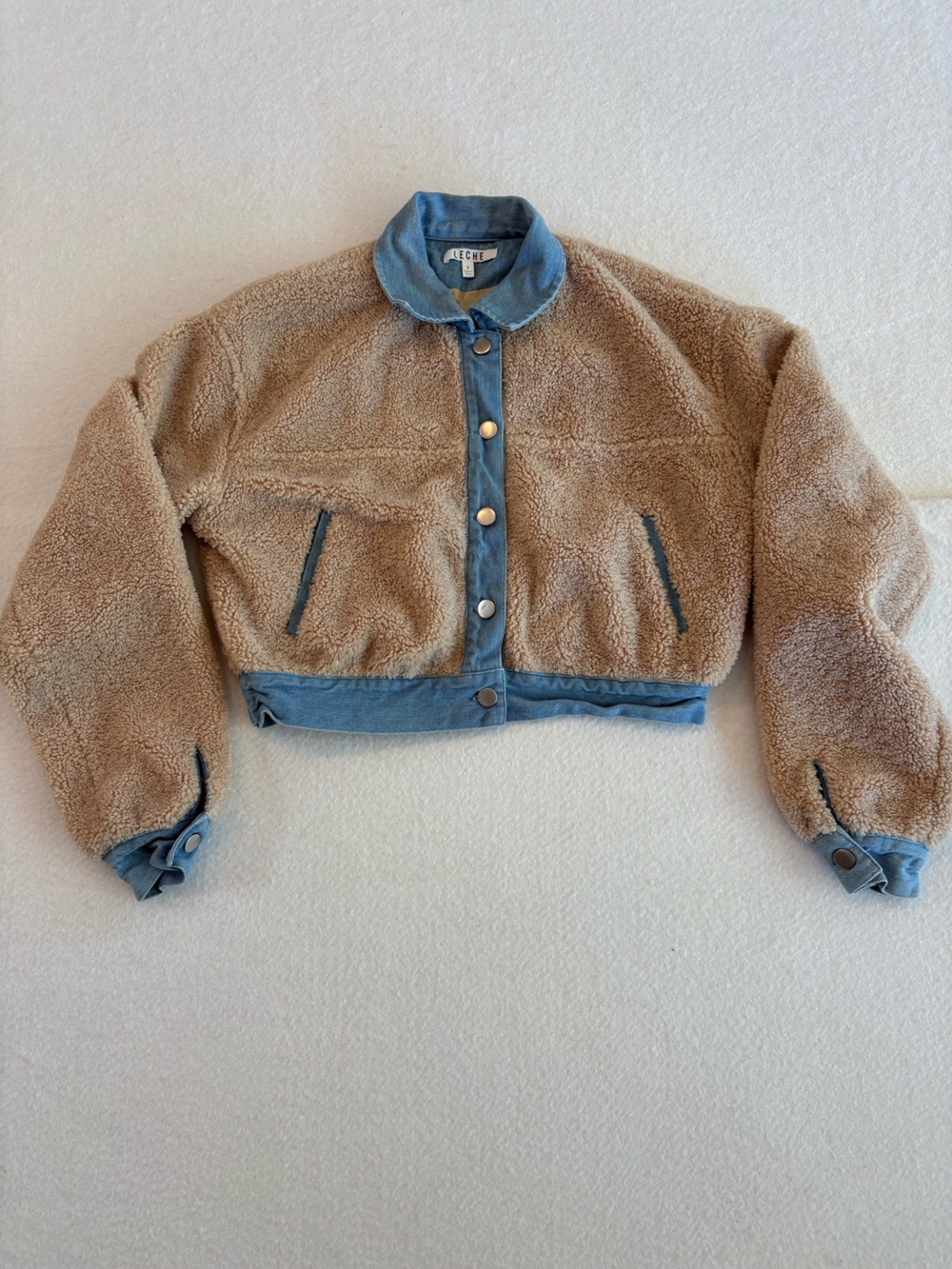 LECHE Sherpa Denim Jacket in Brown & Blue Size Small Like New